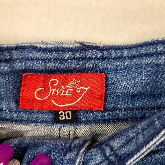 Style J Womens Denim Skirt Butterfly Pocket Embroidery Frayed Hem Y2K Sz30 Large - Picture 5 of 10